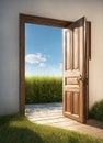 Realistic 3D Open door with blue sky. AI image Royalty Free Stock Photo