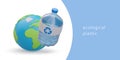 Realistic 3d recycled plastic bottle and planet Earth. Clean environment and green planet