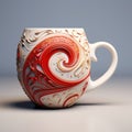 Realistic 3d Red Coffee Cup With Intricate Swirl Design