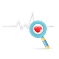 Realistic 3d red heart, pulse line, heartbeat, magnifying glass. 3d cardiogram, cardio sign, diagnostic health, pulse beat measure