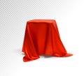 Realistic 3d red product podium display covered golden fabric drapery folds isolated on transparent background. Vector Royalty Free Stock Photo