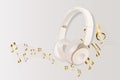 Realistic 3d render headphones with golden elements and musical notes. Vector illustration.