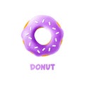 Realistic 3d render violet donut. Vector illustration isolated on white background.