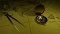 Brass compass on a world map background. 3D rendering