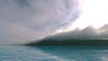 Realistic 3d rendering. Beautiful blue sky and island ocean view. Blue-green water and distant mountains with clouds