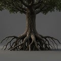A realistic 3D rendering of a large tree with complex, exposed roots extending above Royalty Free Stock Photo