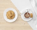 Realistic 3D rendering of a pile of cookies on a white plate with a delicious latte in a white cup