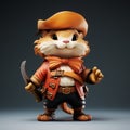 Realistic 3d Rendering Of A Playful Pirate Cat With Konica Big Mini And Shang Dynasty Influences