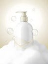 Realistic 3d rendering of a white soap dispenser with pump sits atop a mound of white foam with floating bubbles Royalty Free Stock Photo