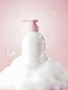 Realistic 3d rendering of a white soap dispenser with pump sits atop a mound of white foam with floating bubbles Royalty Free Stock Photo
