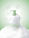 Realistic 3d rendering of a white soap dispenser with pump sits atop a mound of white foam with floating bubbles Royalty Free Stock Photo