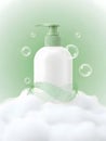 Realistic 3d rendering of a white soap dispenser with pump sits atop a mound of white foam with floating bubbles Royalty Free Stock Photo
