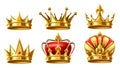 Realistic 3D royal crown. Golden kingdom jewels for king and queen, gold trophy crowns vector illustration set Royalty Free Stock Photo