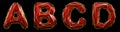 Realistic 3D set of letters A, B, C, D made of low poly style. Collection symbols of low poly style red color glass