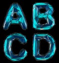 Realistic 3D set of letters A, B, C, D made of low poly style. Collection symbols of low poly style blue color glass