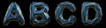 Realistic 3D set of letters A, B, C, D made of low poly style. Collection symbols of low poly style blue color glass