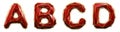 Realistic 3D set of letters A, B, C, D made of low poly style. Collection symbols of low poly style red color glass