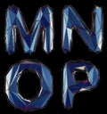 Realistic 3D set of letters M, N, O, P made of low poly style. Collection symbols of low poly style blue color glass
