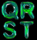 Realistic 3D set of letters Q, R, S, T made of low poly style. Collection symbols of low poly style green color glass