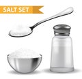 Realistic 3d set with salt shaker, spoon of salt, steel bowl. Isolated on white background. Glass jar for spices Royalty Free Stock Photo