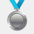 Realistic 3d silver trophy champion award medal for winner.