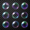 Realistic 3d soap bubble set vector illustration. Collection bubbles with rainbow reflection Royalty Free Stock Photo