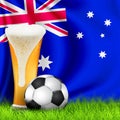 Realistic 3d Soccer ball and Glass of beer on grass with national waving Flag of Australia. Design of a stylish background