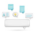 Realistic 3d speech bubble text, message button, chatting box with light bulb, user icon, talk icons with notification. Glossy 3d