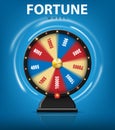 Realistic 3d spinning fortune wheel on blue background. Lucky roulette for online casino. vector illustration