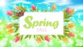 Realistic 3d spring sale script lettering web banner template. Color tulip flowers butterfly grass blue sky blue