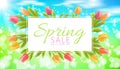 Realistic 3d spring sale script lettering web banner template. Color tulip flowers grass blue sky blue background flyer Royalty Free Stock Photo