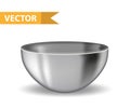 Realistic 3D steel bowl. Iron deep plate. Utensils for commercial and home kitchens. Isolated on white background