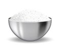 Realistic 3D steel bowl with salt. Iron deep plate with flour or sugar. Isolated on white background. Ingredient for