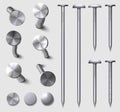 Realistic 3d straight and bent metal nails in wall. Hammered steel and iron curved nail pins and heads top view. Metallic hardware