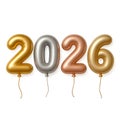 2026 number balloons realistic 3d style gold silver and rose gold metallic inflated digits isolated on white background new year Royalty Free Stock Photo