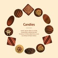 Realistic 3d Chocolate Candies Banner Card Circle . Vector