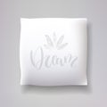 Realistic 3d throw pillow models with lettering print. Apartment interior design elements. Vector cushions collection.