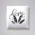 Realistic 3d throw pillow models with lettering print. Apartment interior design elements. Vector cushions collection. Royalty Free Stock Photo