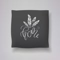 Realistic 3d throw pillow models with lettering print. Apartment interior design elements. Vector cushions collection.