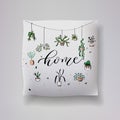 Realistic 3d throw pillow models with lettering print. Apartment interior design elements. Vector cushions collection. Royalty Free Stock Photo