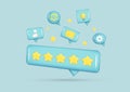 Realistic 3d tooltip UI with 5 golden stars. Speech bubble with light bulb, envelope, arrow, settings icon. Customer 3d quality Royalty Free Stock Photo