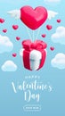 Realistic 3d Valentine's day greeting concept, vector flying gift box and heart with wings, clouds on blue Royalty Free Stock Photo
