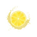 Realistic 3d Vector Illustration. Sliced lemon. Milk juice splash. Colourful citrus background
