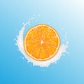 Realistic 3d Vector Illustration. Sliced orange. Milk juice splash. Colourful citrus background Royalty Free Stock Photo