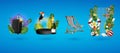 Realistic 3D vector summer holidays symbols objects set. Vacation realistic icons set isolated black suitcase,podium Royalty Free Stock Photo