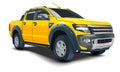 Realistic 3D vector yellow pickup four doors on white background