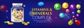 Realistic 3d vitamin mineral horizontal poster advertising background with text pills and colourful bubbles with letters vector