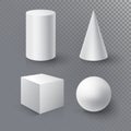 Realistic 3D White Ball, Cube, Cylinder and Cone on transparent background with reflection Royalty Free Stock Photo