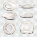 Realistic 3d white china plates and bowls with gold trim Royalty Free Stock Photo