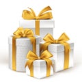 Realistic 3D White Gifts with Colorful Gold Ribbons